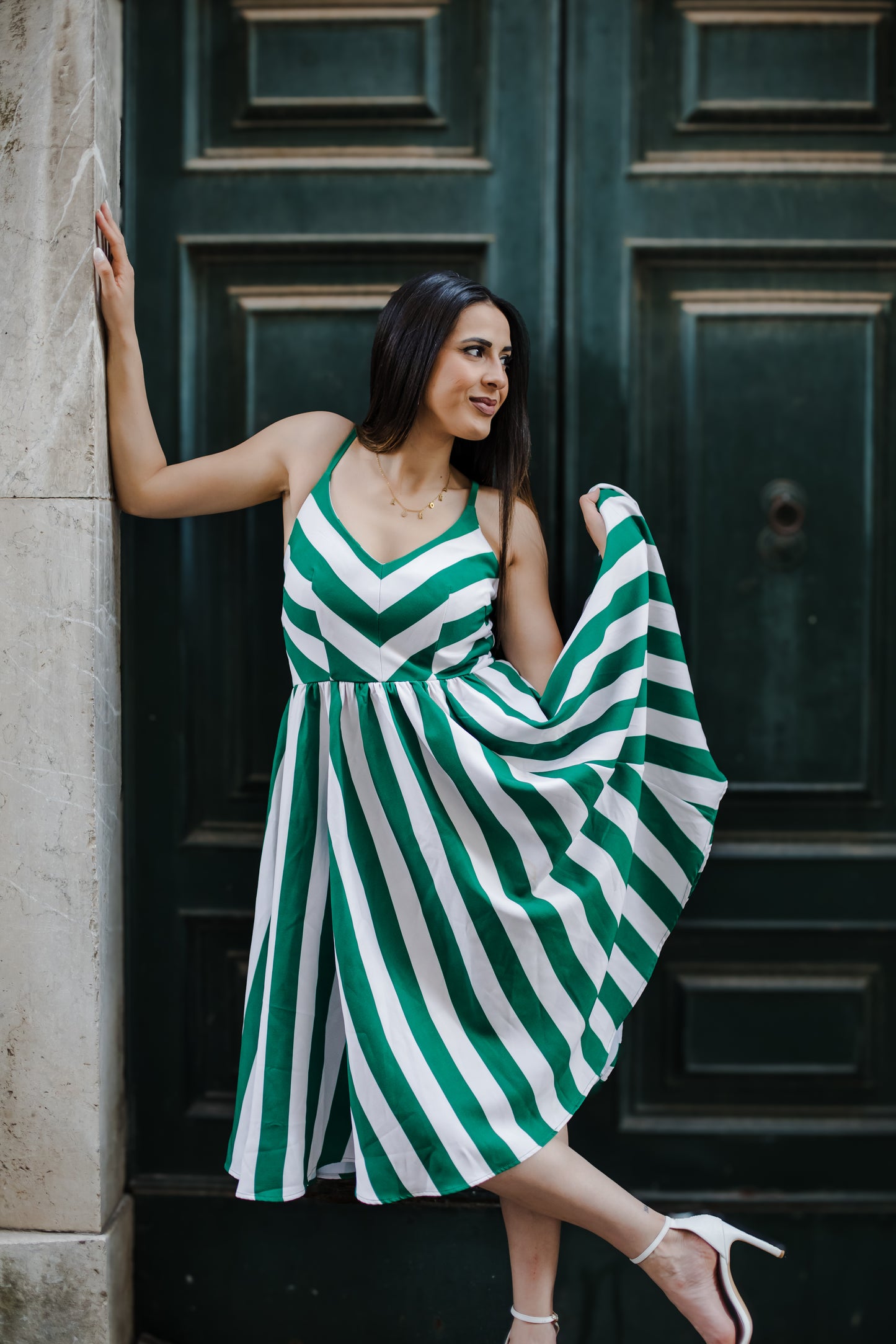 Amalie Ballerina 70's Style Swing Dress in Green & White Mark Stripe Crepe