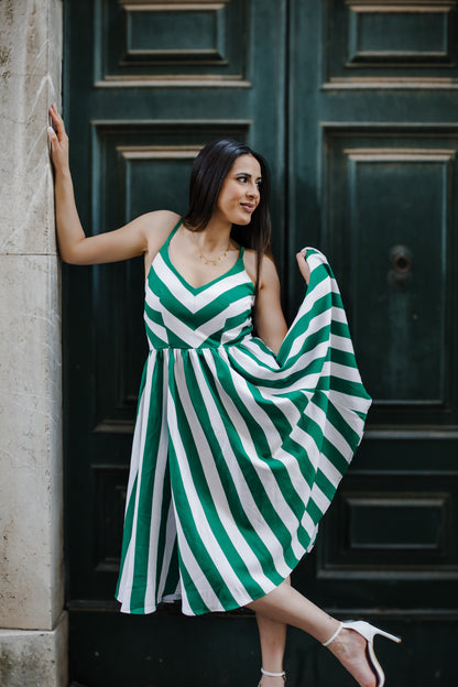 Amalie Ballerina 70's Style Swing Dress in Green & White Mark Stripe Crepe