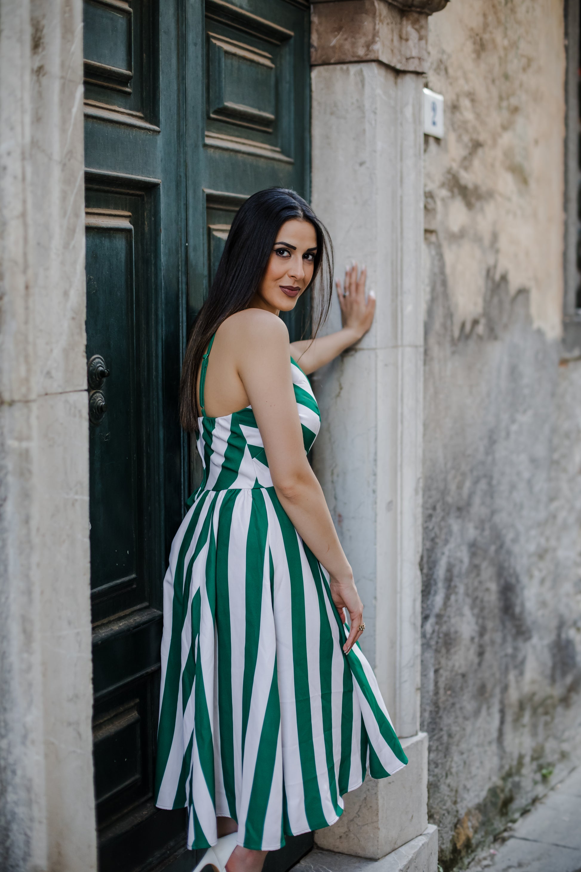 Amalie Ballerina 70's Style Swing Dress in Green & White Mark Stripe Crepe