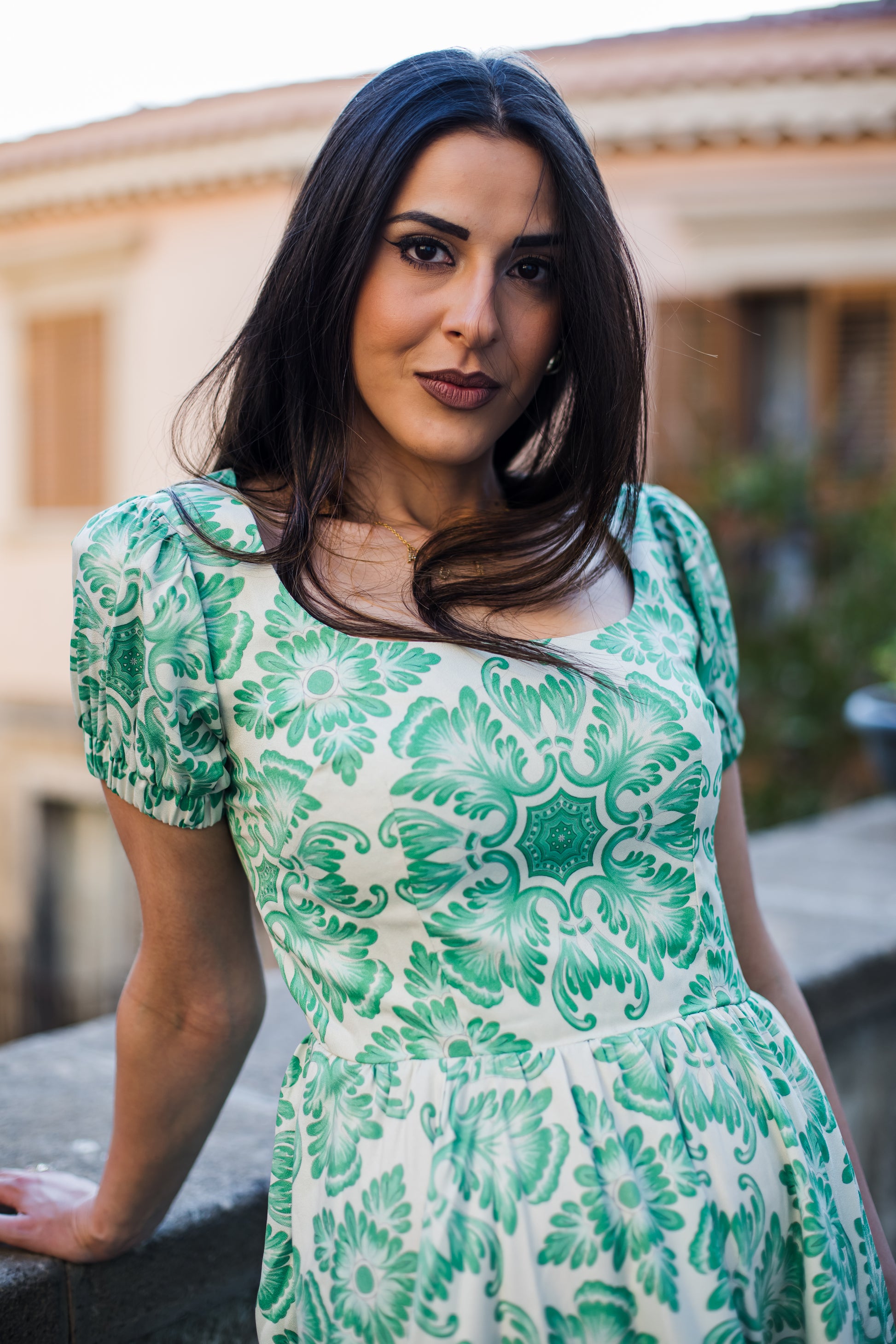 Amara Swing Dress in Green Noto Tile
