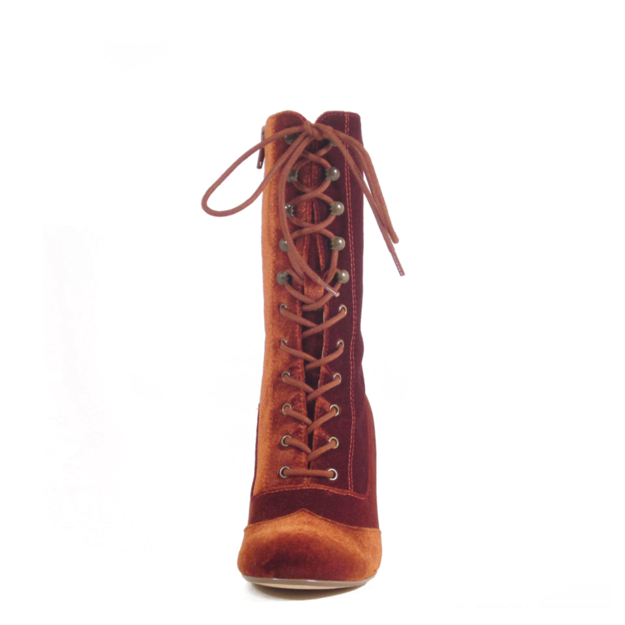 Claire velvet Victorian lace up booties in warm rust, front view