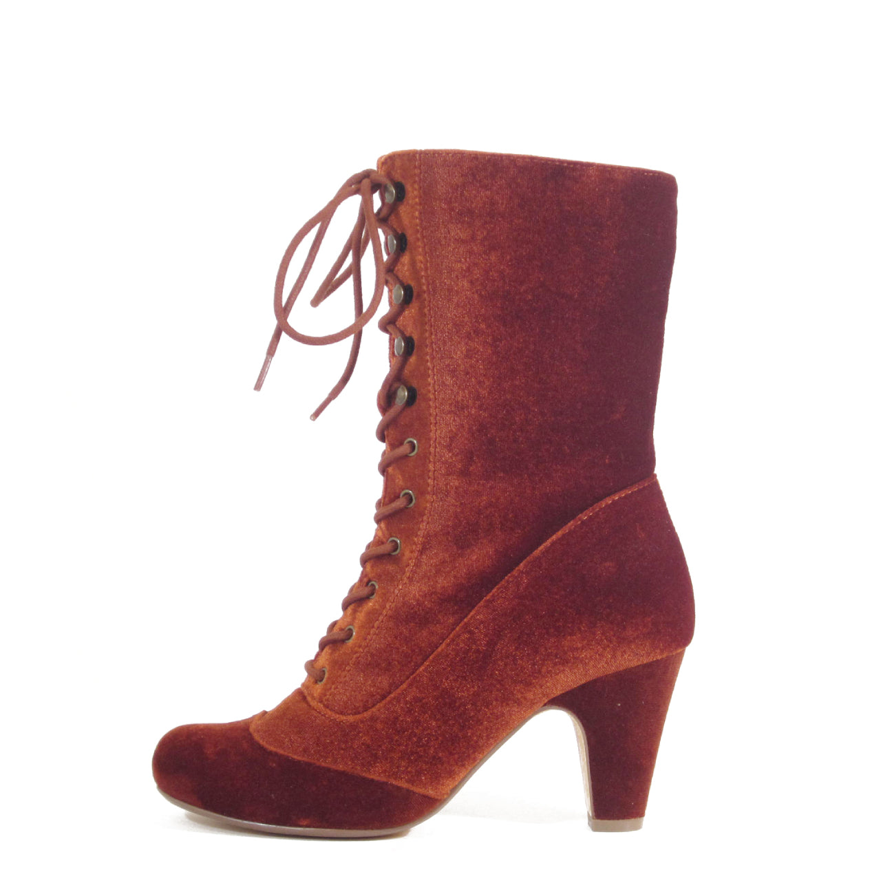 Claire velvet Victorian lace up booties in warm rust, side view