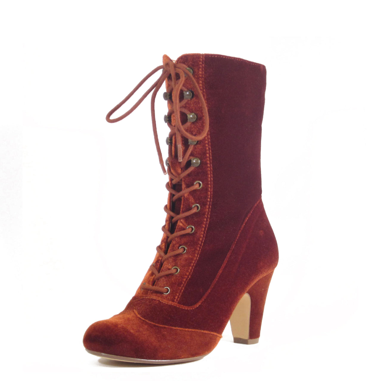 Claire velvet Victorian lace up booties in warm rust, back view