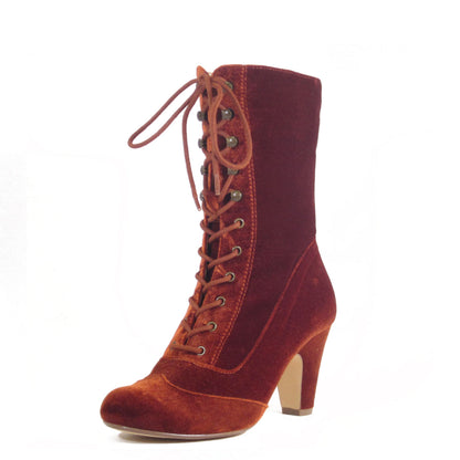 Claire velvet Victorian lace up booties in warm rust, back view