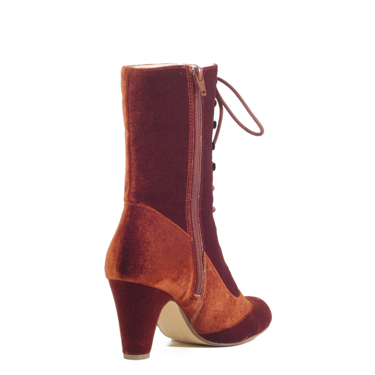 Claire velvet Victorian lace up booties in warm rust, three quarter view