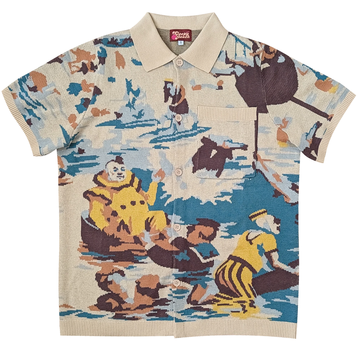 Bathing Clown Button Up, cream with multicolor bathing clown print
