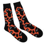 Bauhaus Nightmare Socks, black and orange crew socks with an eyeball blob print