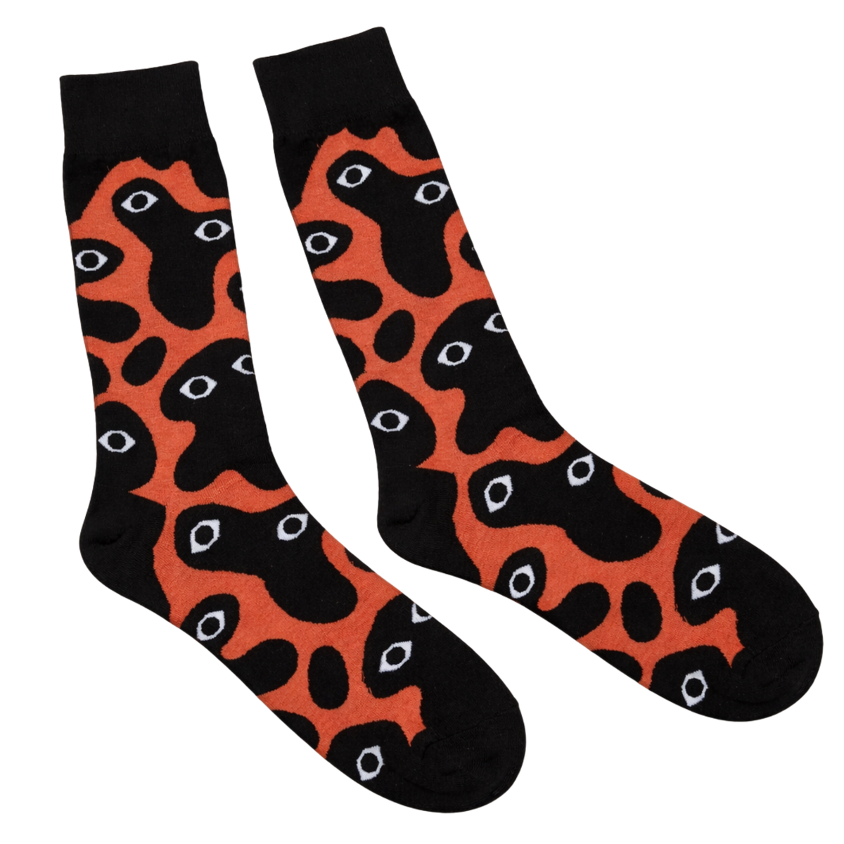 Bauhaus Nightmare Socks, black and orange crew socks with an eyeball blob print