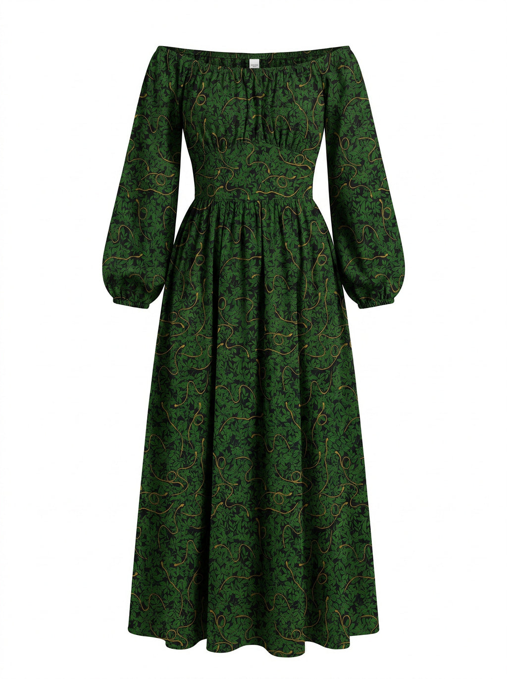 Swann Maxi Dress in Black Serpente, green foliage and gold snakes on black, off-shoulder bodice and full gathered maxi skirt