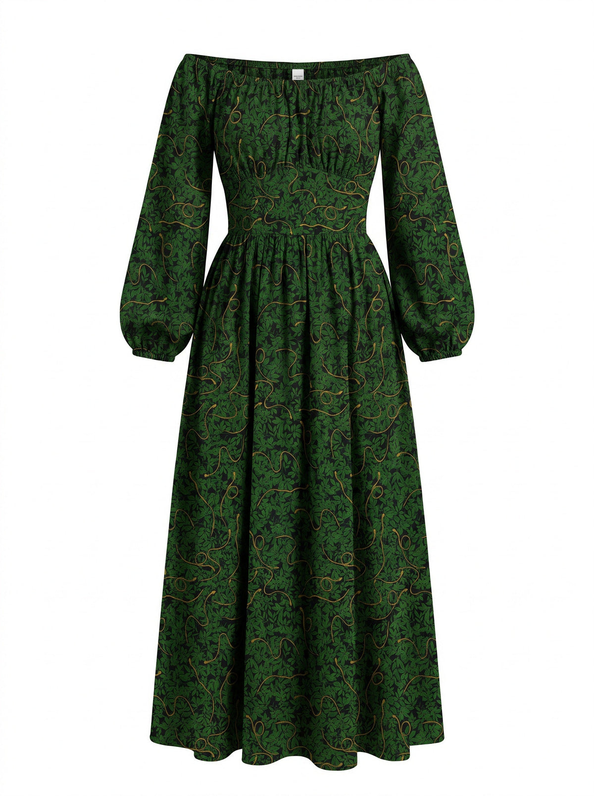 Swann Maxi Dress in Black Serpente, green foliage and gold snakes on black, off-shoulder bodice and full gathered maxi skirt