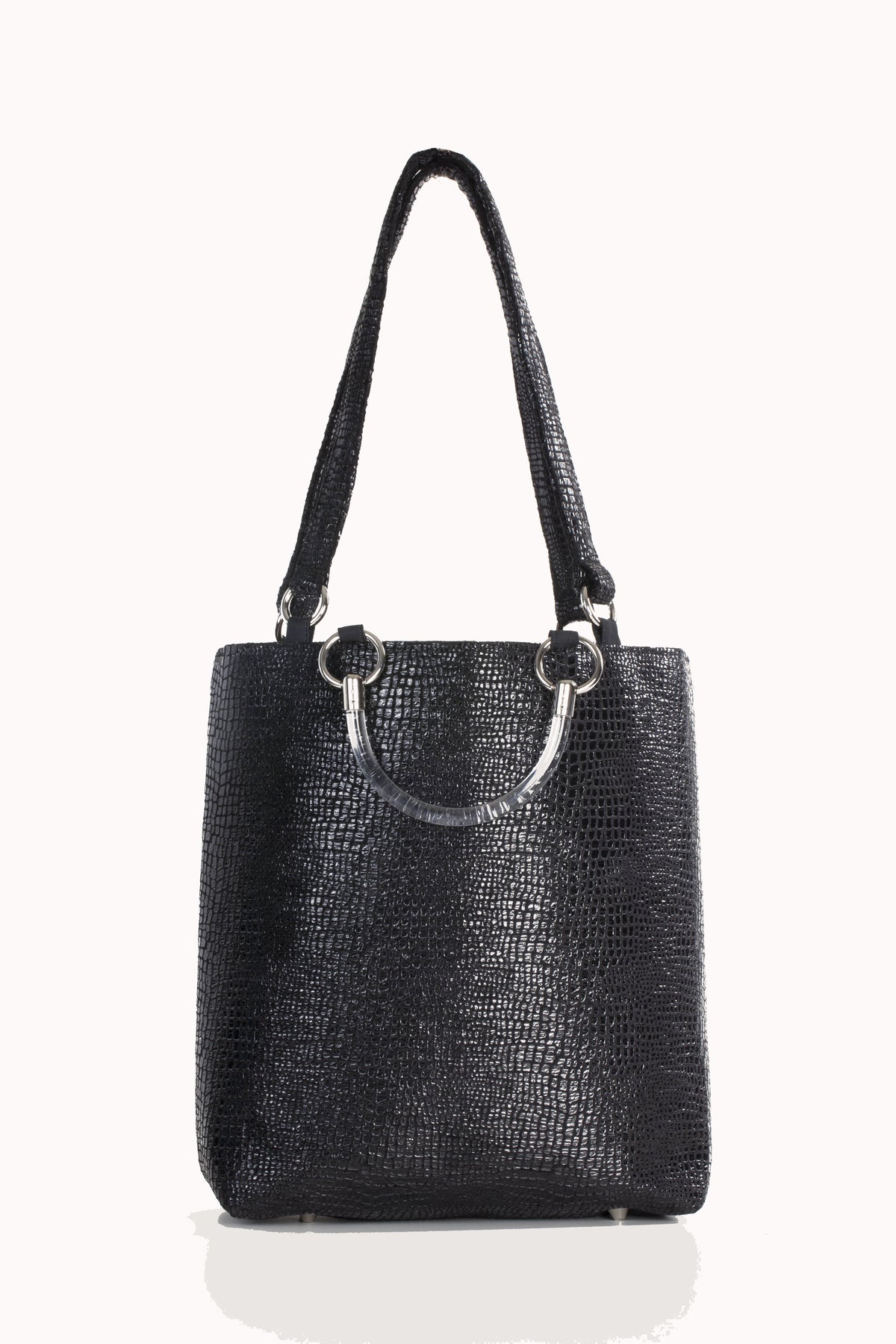 Boa black embossed ultra suede large tote with Lucite handles by Pinup Girl Clothing