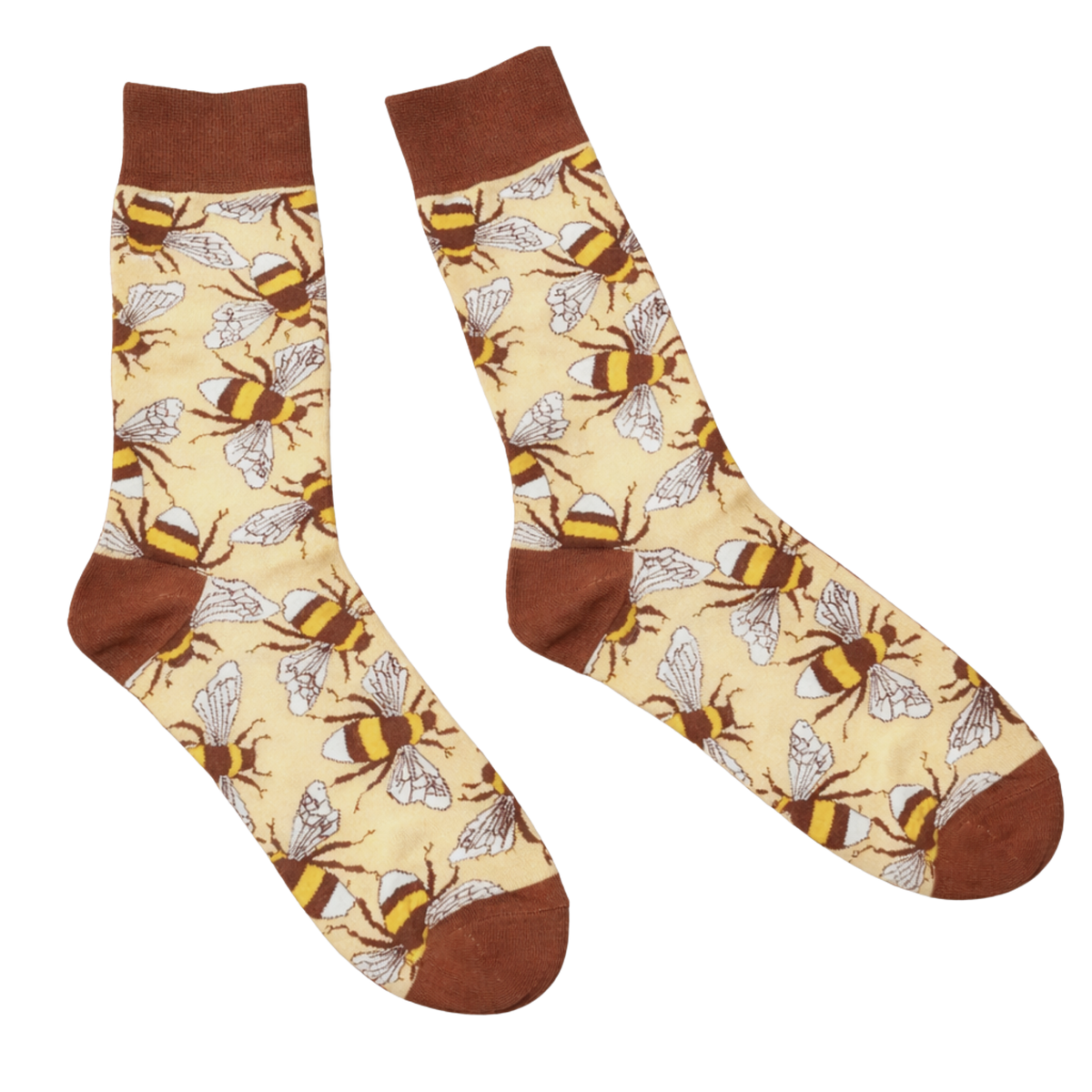 Bumblebee Socks, pale yellow crew socks with a bumblebee print