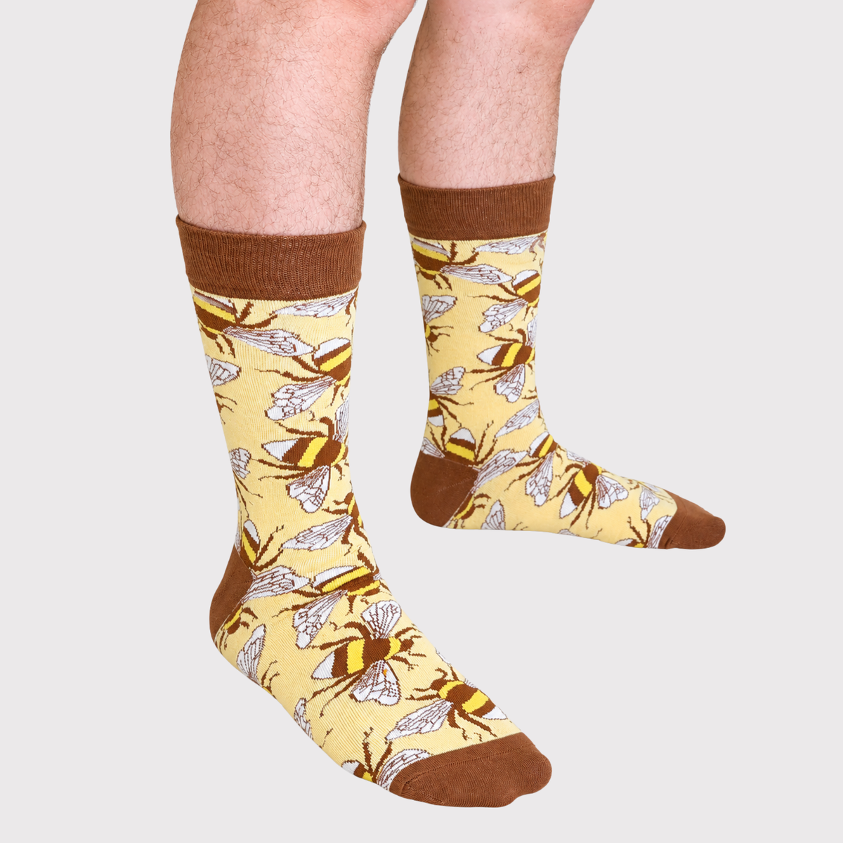 Bumblebee Socks, pale yellow crew socks with a bumblebee print (view 2)
