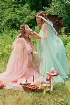 Bombshell Plunge Maxi Gown in Baby Pink with Sheer Mesh Sleeves | Gothic Glamour