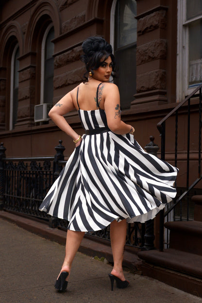 Amalie Ballerina 70's Style Swing Dress in Black & White Mark Stripe Crepe | Pinup Couture | PREORDER