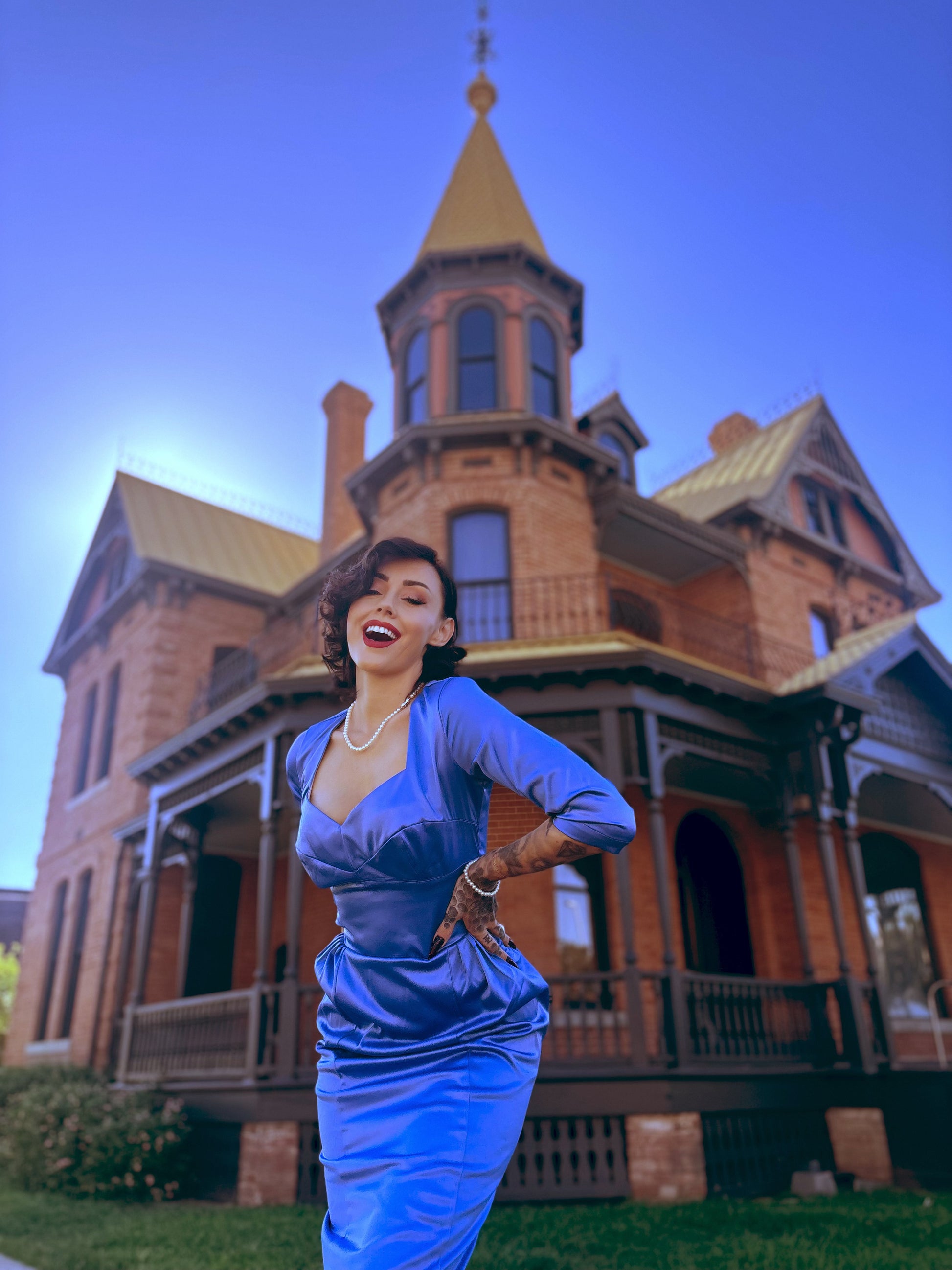 Mona Vintage Vamp Wiggle Dress in Sky Blue Satin | Pinup Couture - S Mona Vintage Vamp Wiggle Dress in Sky Blue Satin | Pinup Couture - S