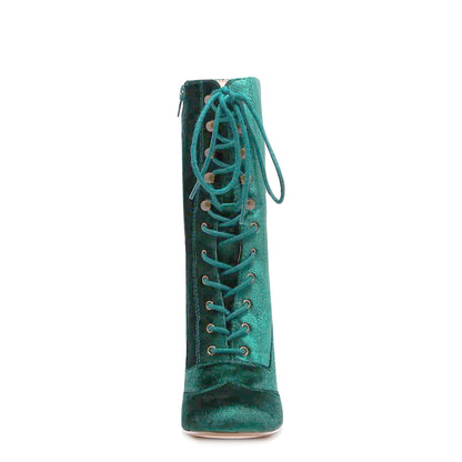 Claire velvet Victorian lace up booties in emerald green, front view