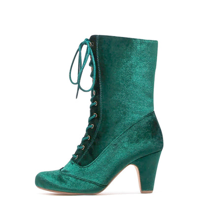 Claire velvet Victorian lace up booties in emerald green, side view