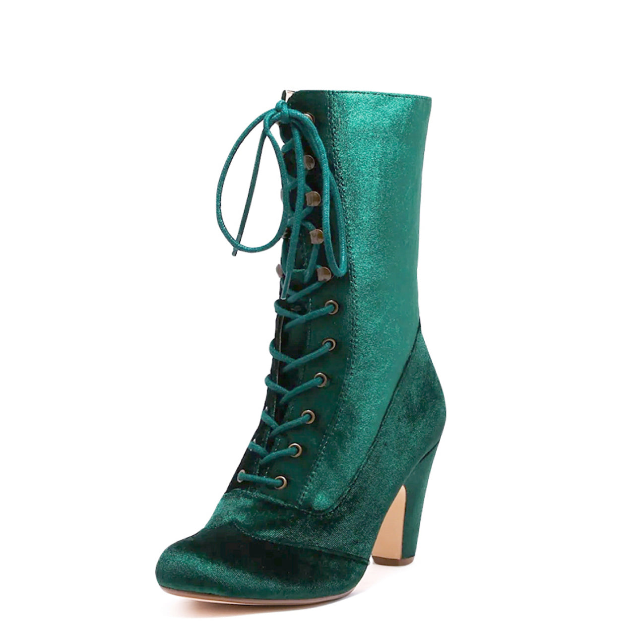 Claire velvet Victorian lace up booties in emerald green, back view
