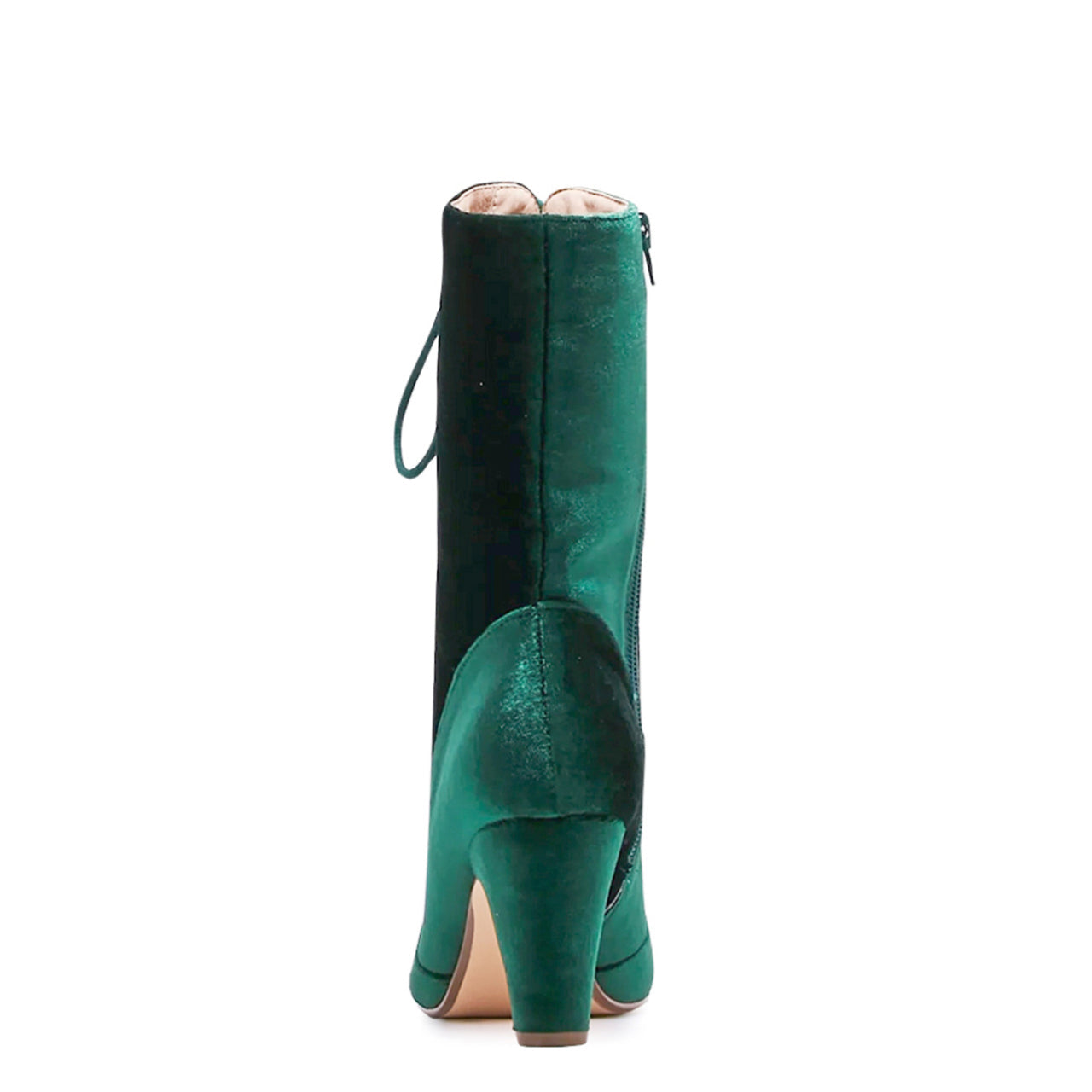 Claire velvet Victorian lace up booties in emerald green, three quarter view