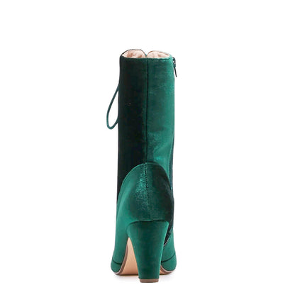 Claire velvet Victorian lace up booties in emerald green, three quarter view