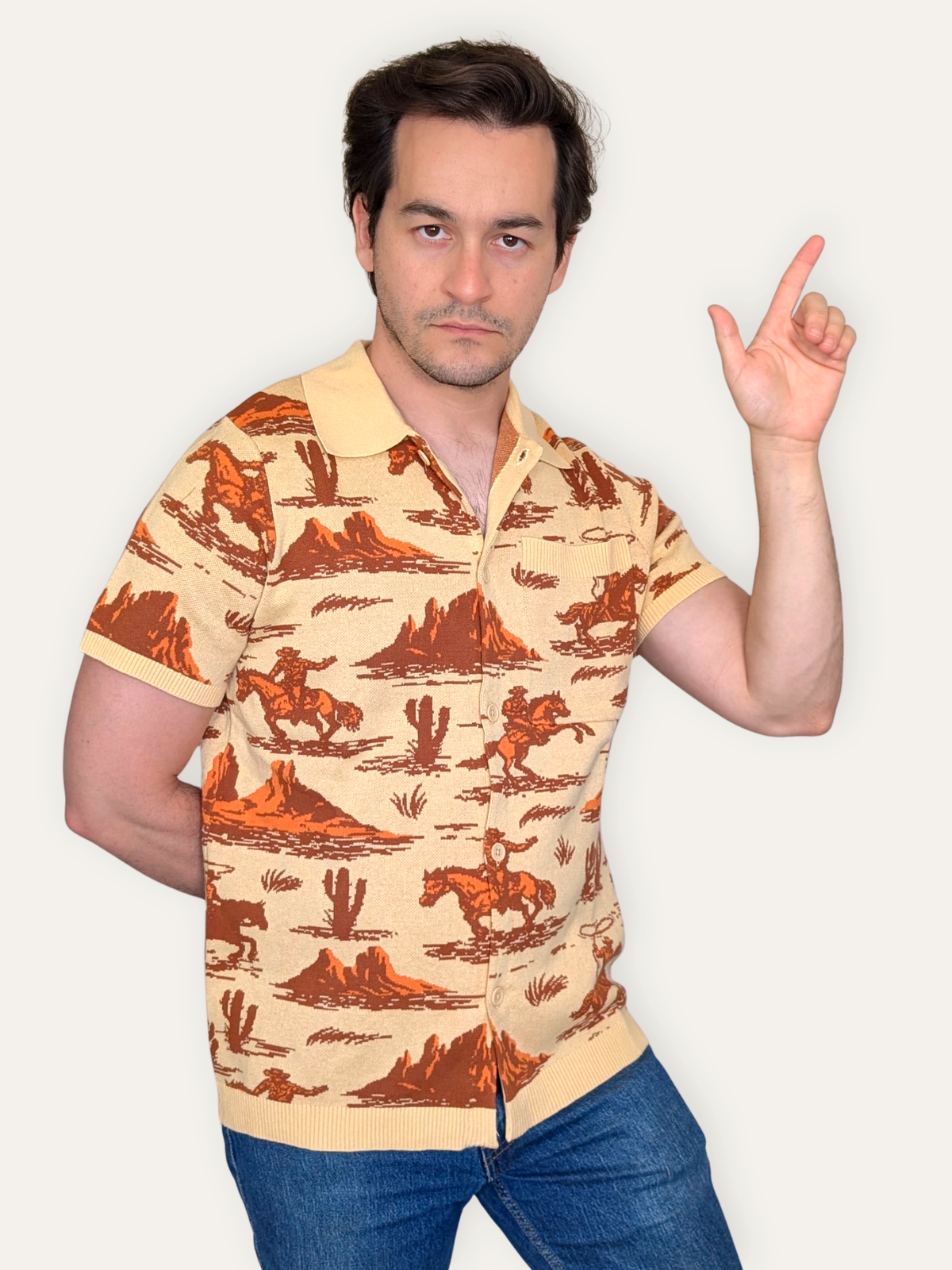 Camp Americana Button Up, tan and cream with brown western scenes (view 2)