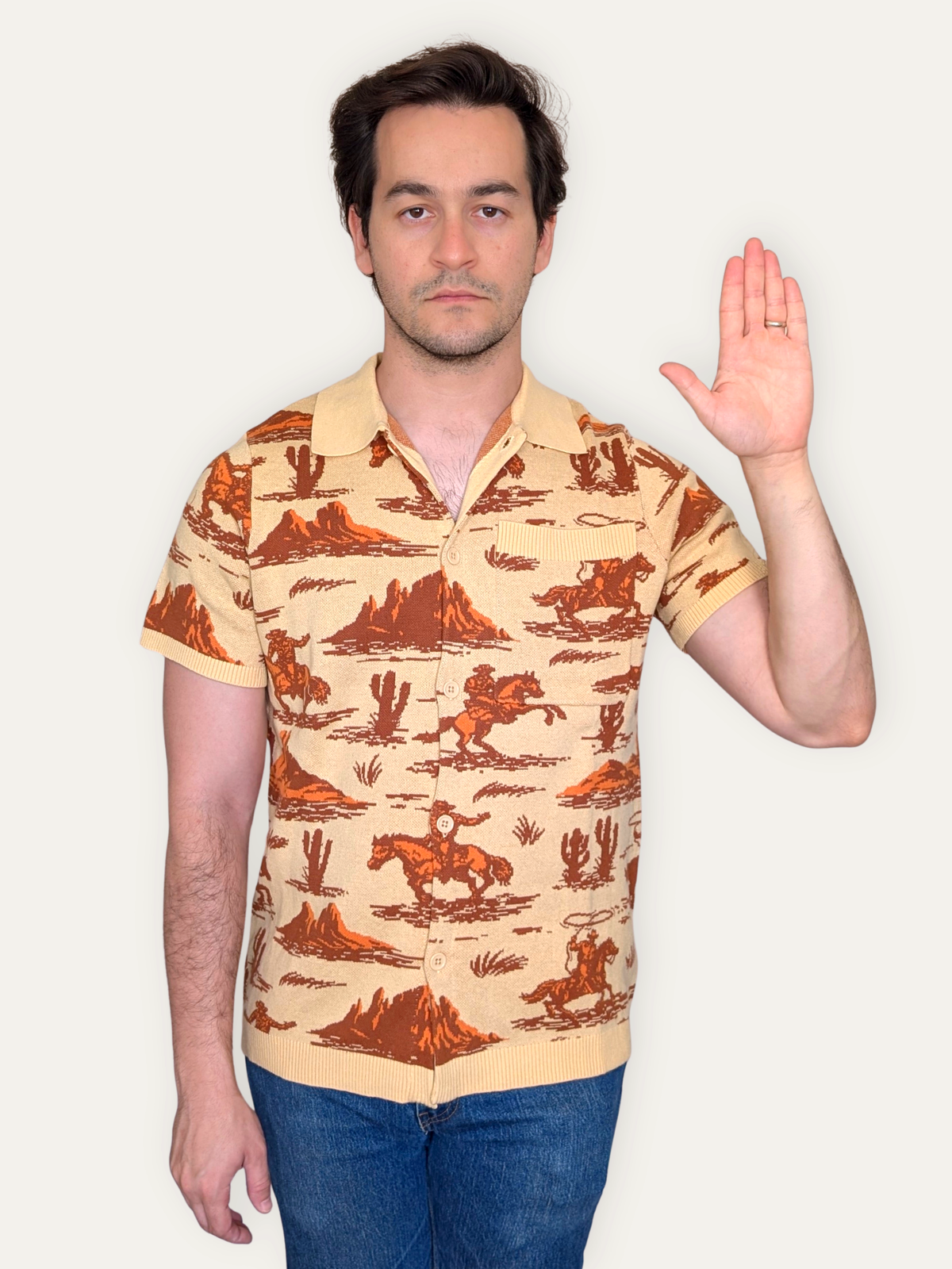 Camp Americana Button Up, tan and cream with brown western scenes (view 3)