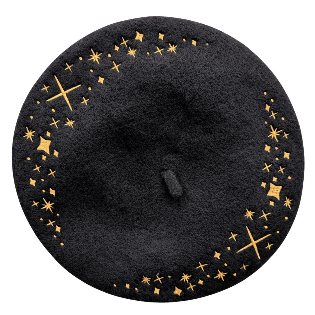 Celestial Beret, black wool with gold embroidered stars