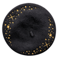 Celestial Beret, black wool with gold embroidered stars