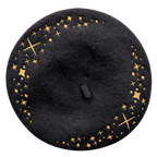 Celestial Beret, black wool with gold embroidered stars