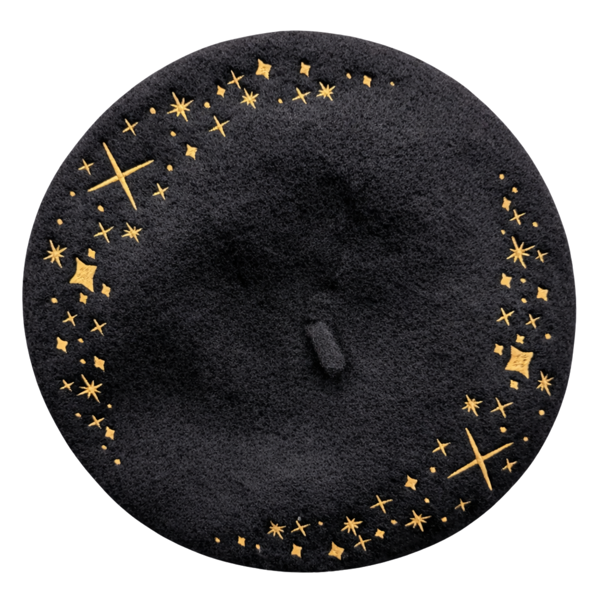 Celestial Beret, black wool with gold embroidered stars