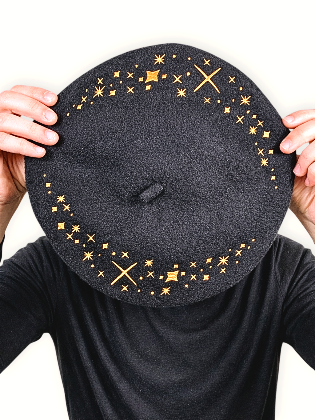 Celestial Beret, black wool with gold embroidered stars (view 3)