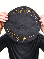 Celestial Beret, black wool with gold embroidered stars (view 3)