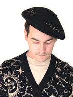 Celestial Beret, black wool with gold embroidered stars (view 2)