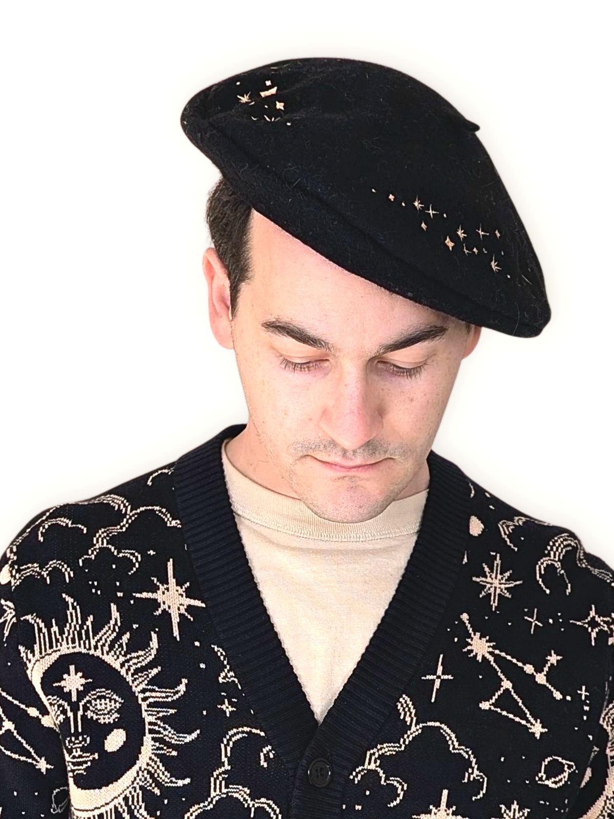 Celestial Beret, black wool with gold embroidered stars (view 2)
