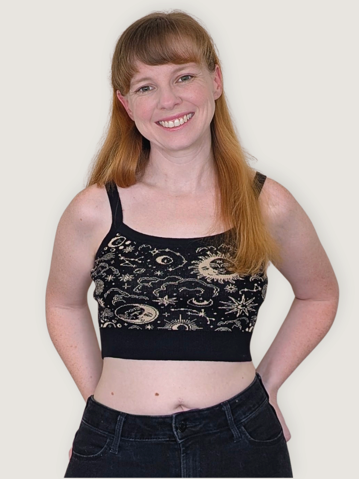 Celestial Crop Top, black with gold celestial print (view 2)