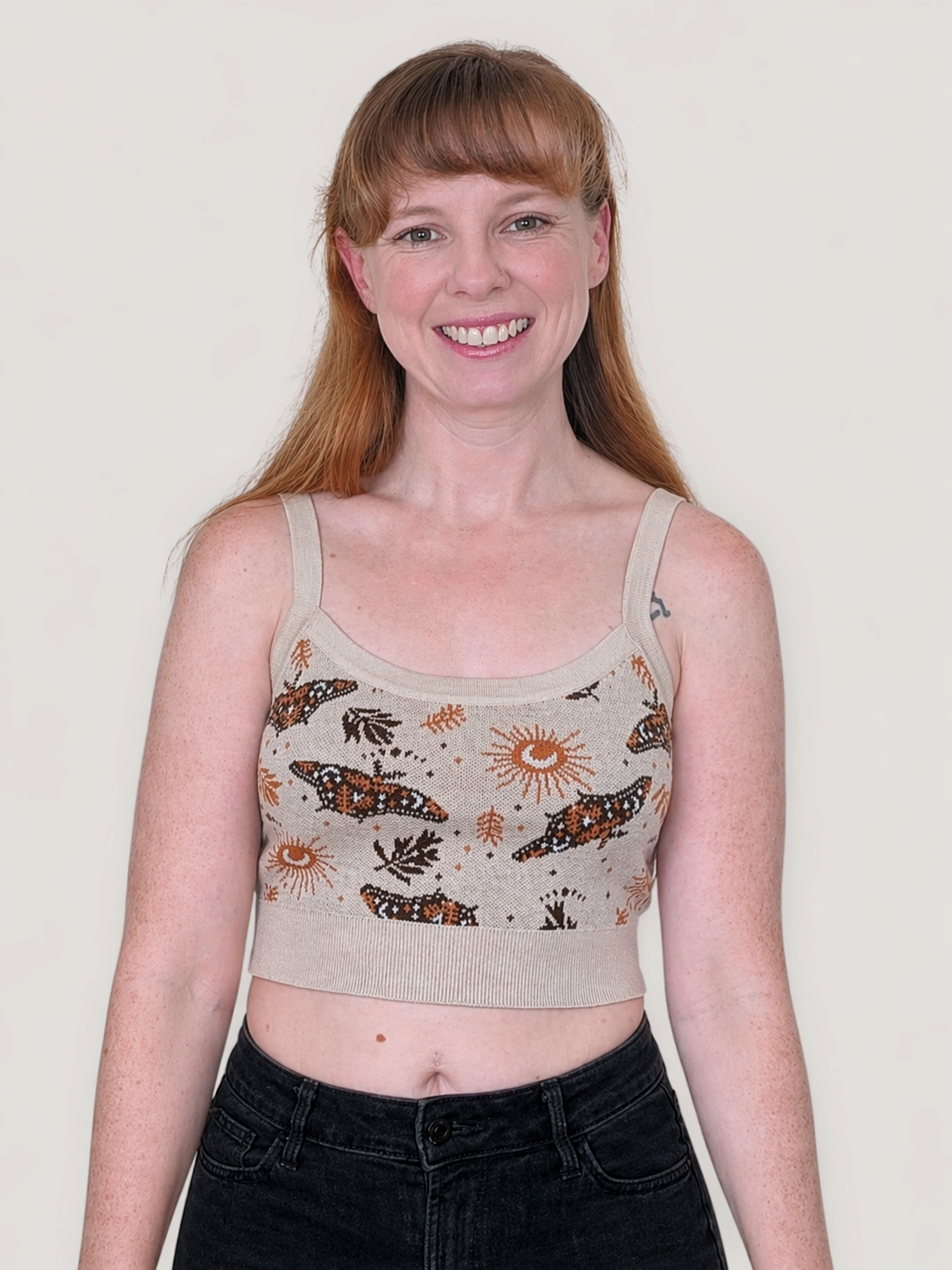 Celestial Moth Crop Top, cream with brown and orange moth print (view 2)