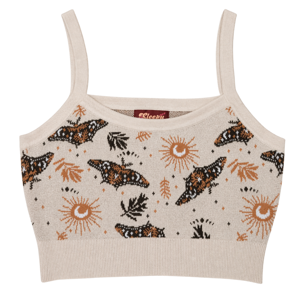 Celestial Moth Crop Top, cream with brown and orange moth print
