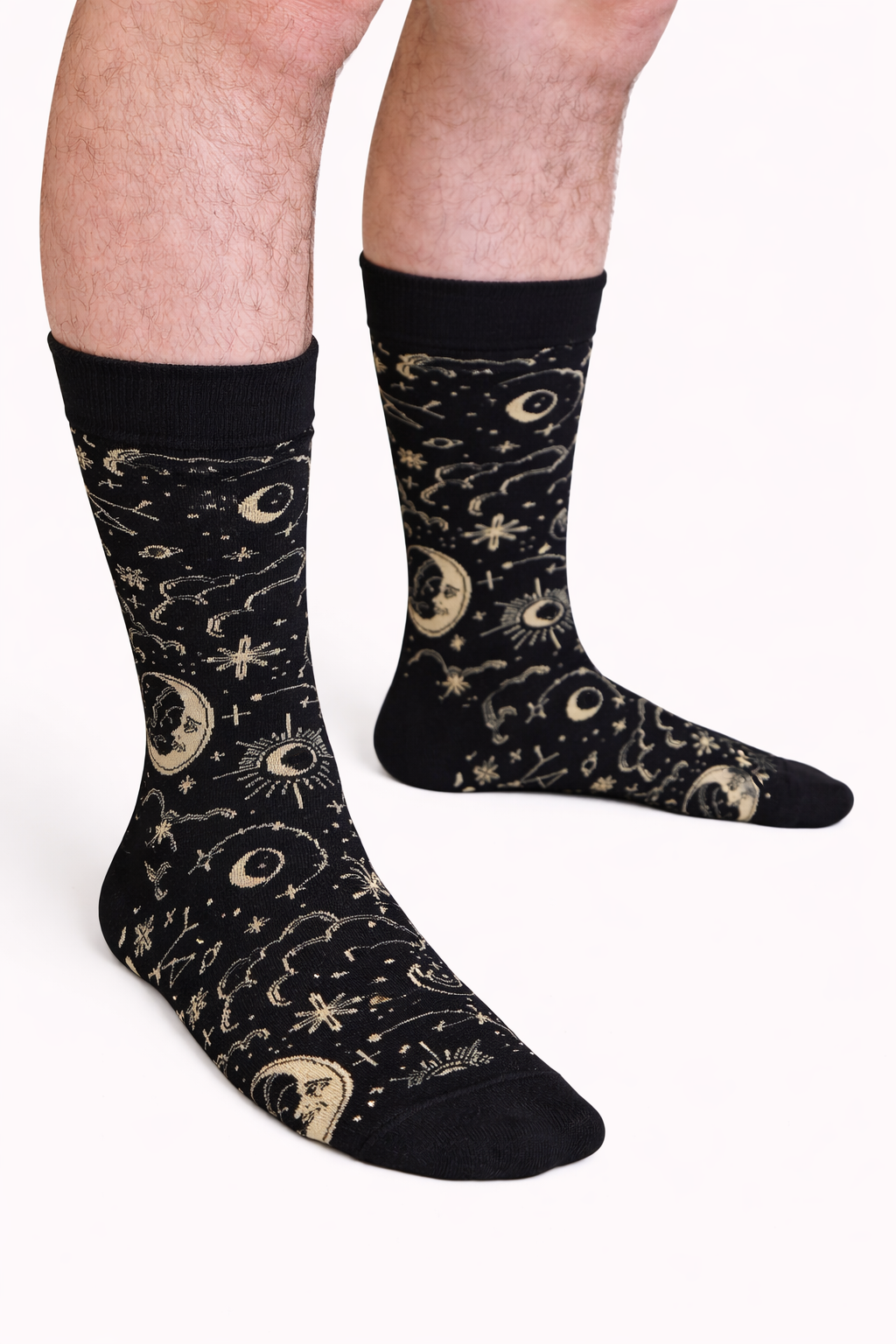Celestial Socks, black crew socks with gold moons and stars (view 2)