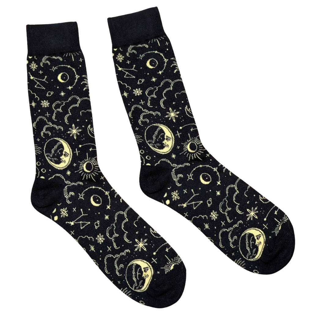 Celestial Socks, black crew socks with gold moons and stars
