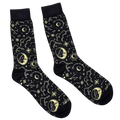 Celestial Socks, black crew socks with gold moons and stars