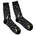 Celestial Socks, black crew socks with gold moons and stars