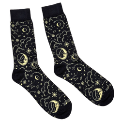 Celestial Socks, black crew socks with gold moons and stars
