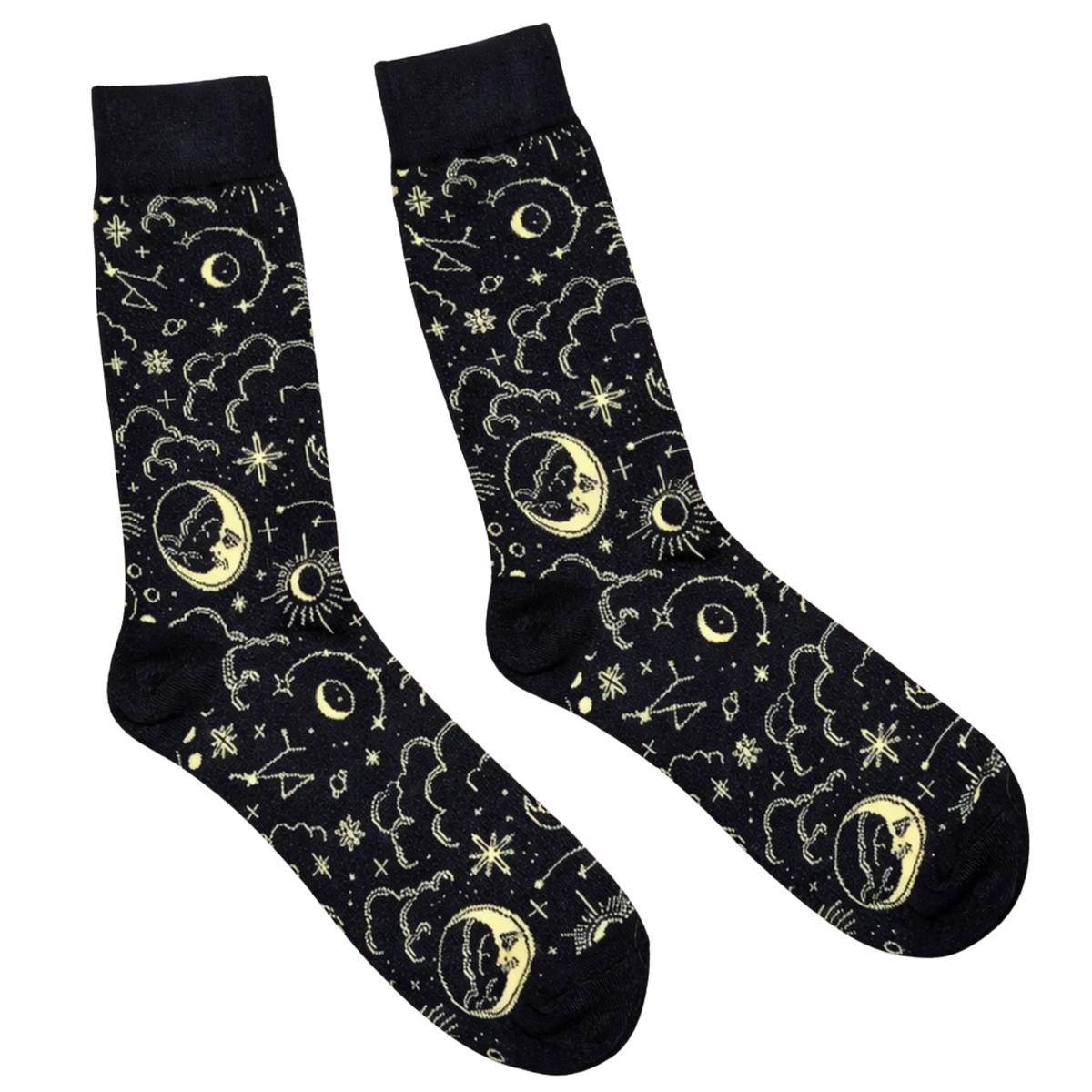 Celestial Socks, black crew socks with gold moons and stars