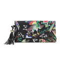 Chinoiserie envelope clutch in patterned fabric with black leather trim by Pinup Girl Clothing