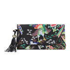 Chinoiserie envelope clutch in patterned fabric with black leather trim by Pinup Girl Clothing