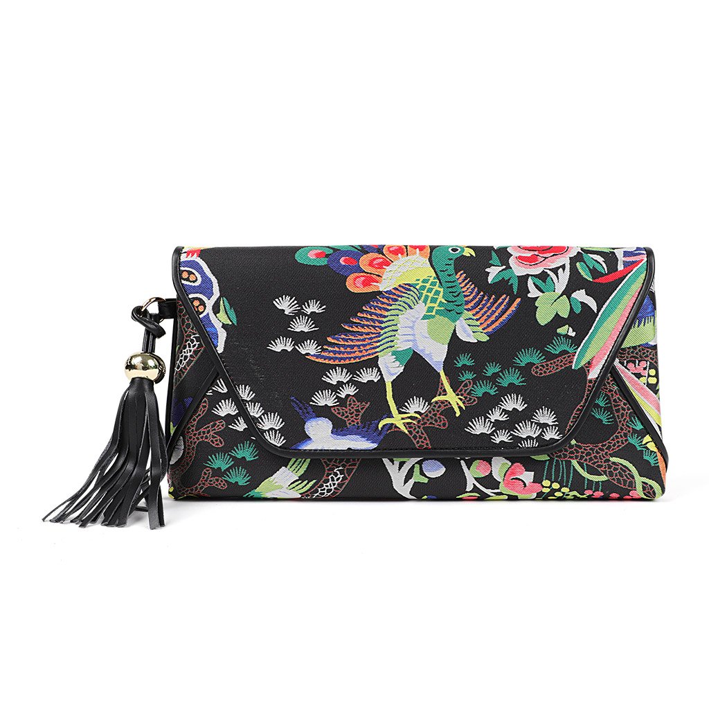 Chinoiserie envelope clutch in patterned fabric with black leather trim by Pinup Girl Clothing