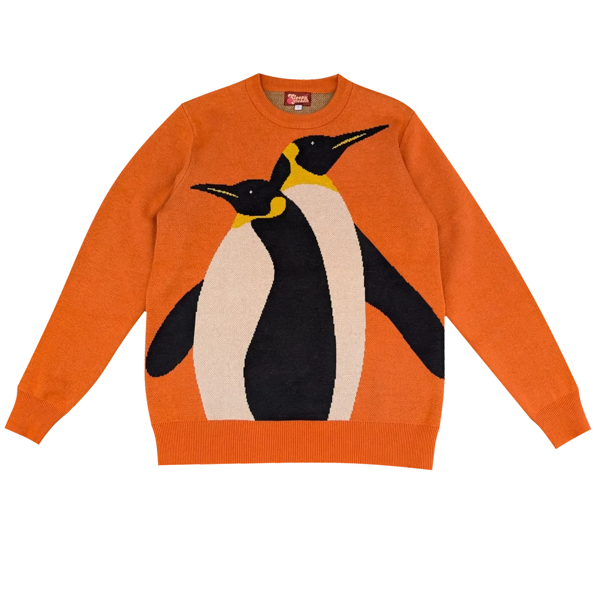Classic Penguin Sweater, orange with black and cream penguin front graphic