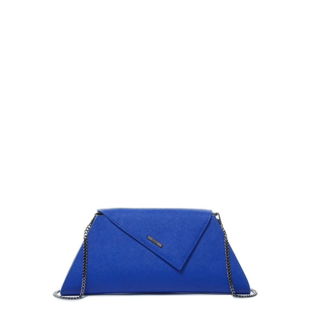 Angelica cobalt blue crosshatched leather clutch with a diagonal flap and removable chain strap, by Pinup Girl Clothing