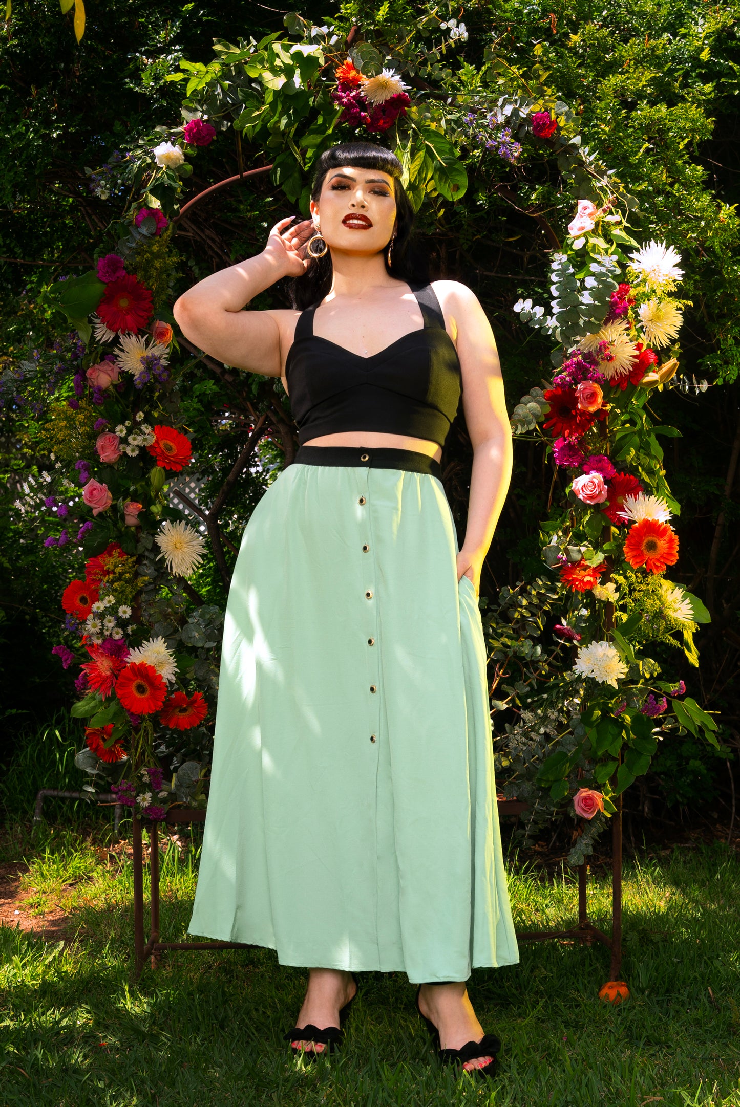 Final Sale - Selene Button Front Midi Skirt in Sage Green Crepe | Laura Byrnes Design